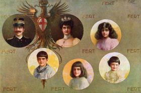 Carte postale représentant la famille royale italienne : en haut à droite, Victor-Emmanuel III, roi d’Italie de 1900 à 1946
