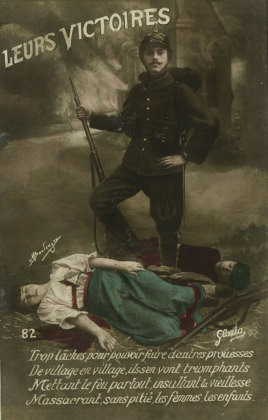 Carte postale française représentant l´avancée des troupes allemandes à travers la Belgique et la France comme une croisade sanguinaires faisant d´innocentes victimes 