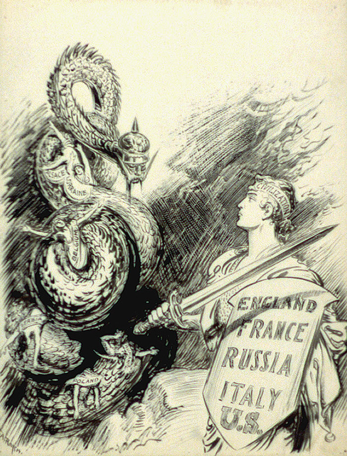 Une caricature alliée datant d’après 1917. Une femme portant un bouclier lutte contre un monstre à casque à pointe.
